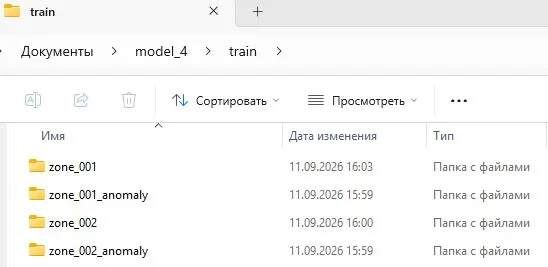 train: Two folders per zone – normal and anomaly.