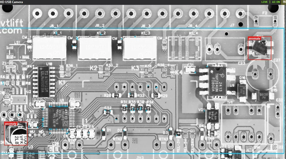 AFTER: the same areas are populated with synthetic data from the anomaly folders – C30 is shifted to the right and down, BR1 is rotated. Both areas are red – "anomaly". The PCB will also look like this in the case of a real defect on the line.