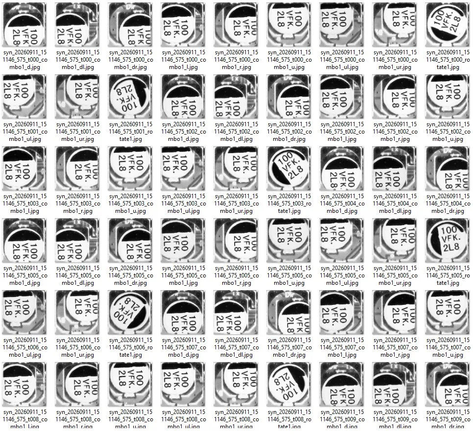 train\zone_001_anomaly — defect C30. In each copy of t000, t001… there are nine files: combo1_d, _dl, _dr, _l, _r, _u, _ul, _ur – the area has been shifted by 5–12 px in eight directions (d = down, u = up, l = left, r = right), rotate1 – the capacitor area has been rotated.